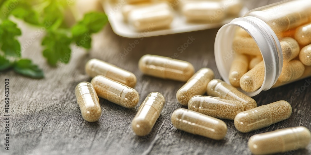 Capsules of nutritional supplements and vitamins support better gut health. There is an exploration of probiotics in capsule format, next to an unmarked open package.
