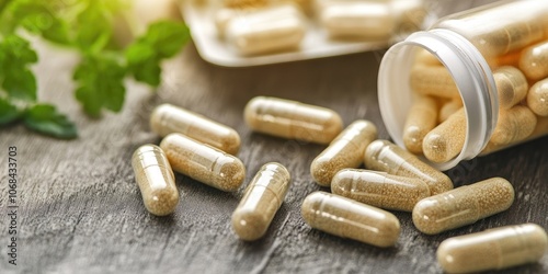 Obraz na płótnie Capsules of nutritional supplements and vitamins support better gut health. There is an exploration of probiotics in capsule format, next to an unmarked open package. w salonie