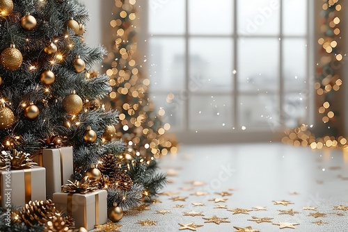 Christmas card design, with a Christmas tree and gifts on the left side of the frame, surrounded by a gold border.