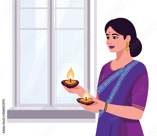Indian Woman Holding Diyas for Diwali Celebration Near Window Illustration
