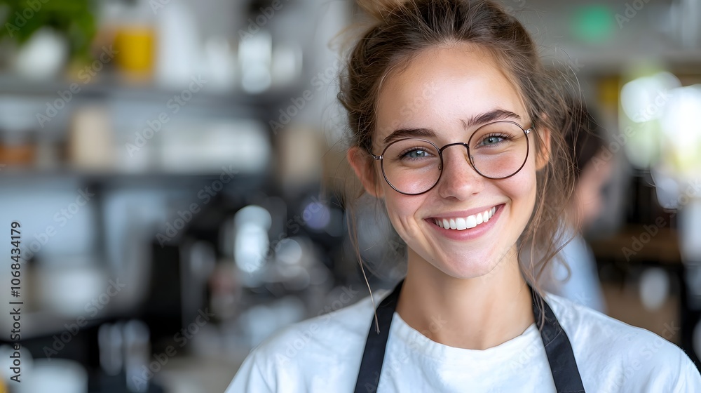 Fototapeta premium Friendly barista in apron sharing a laugh with a customer who is about to scan a QR code modern coffee shop background and cozy atmosphere Concept of hospitality customer service technology