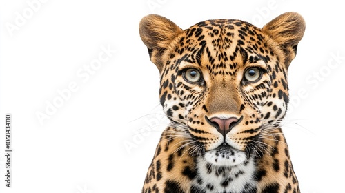 A captivating leopard gazes intently at the camera, creating a powerful presence with its fierce expression. This leopard image offers captivating details and ample copy space.