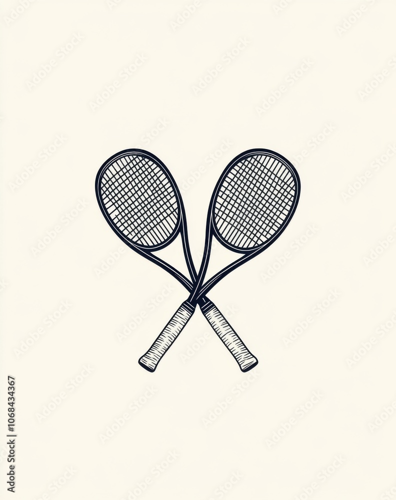 Two tennis rackets are drawn in a black and white style. The rackets are crossed over each other, with the handles of the rackets pointing in opposite directions. Concept of balance and harmony Two tennis rackets are drawn in a black and white style. The rackets are crossed over each other, with the handles of the rackets pointing in opposite directions. Concept of balance and harmony