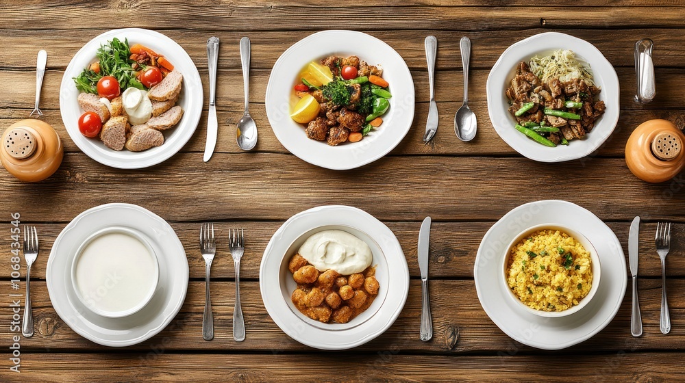 A variety of plated meals arranged on a wooden table, ready for dining. A variety of plated meals arranged on a wooden table, ready for dining.