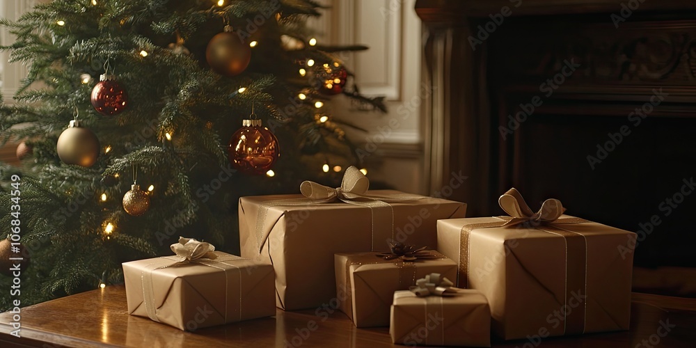 Obraz premium Presents beautifully wrapped in craft paper are placed on a table next to a Christmas tree adorned with festive ornaments. The scene captures the essence of the holiday spirit.