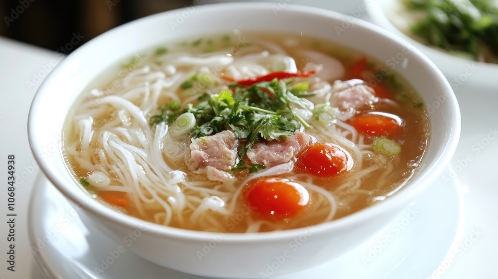 Vietnamese traditional soup with rice noodles captured beautifully, highlighting the vibrant colors and textures of the dish. Perfect for food photography with ample copy space. Vietnamese traditional soup with rice noodles captured beautifully, highlighting the vibrant colors and textures of the dish. Perfect for food photography with ample copy space.