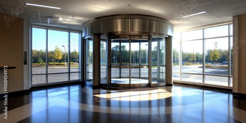 A three level revolving door positioned at an entryway serves as an entrance feature, allowing for efficient access while minimizing air exchange with the outside.