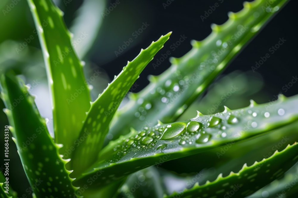 Close up of fresh aloe vera plant with water drops on spiky leaves Close up of fresh aloe vera plant with water drops on spiky leaves