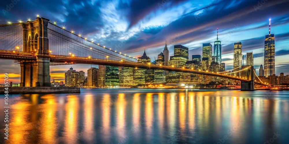 Fototapeta premium Stunning Long Exposure of Brooklyn Bridge with Lower Manhattan Skyline at Night, Showcasing the Beautiful City Lights and Reflections on Water for High-Quality Stock Photography