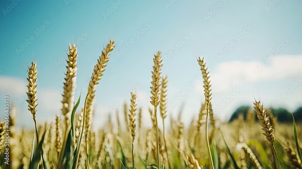 Rural farming field with cereal grain flourishing under a clear blue sky, offering a picturesque landscape filled with vibrant colors and ample copy space for design needs. Rural farming field with cereal grain flourishing under a clear blue sky, offering a picturesque landscape filled with vibrant colors and ample copy space for design needs.