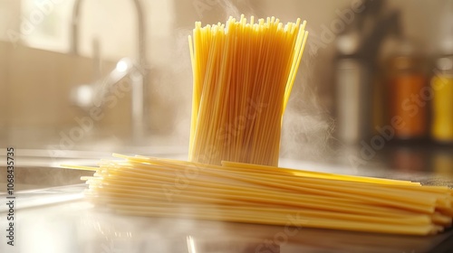 Delicious pasta paired with savory sauce in a bright kitchen setting. The image captures the essence of pasta preparation, highlighting the vibrant colors and textures, with ample space. photo