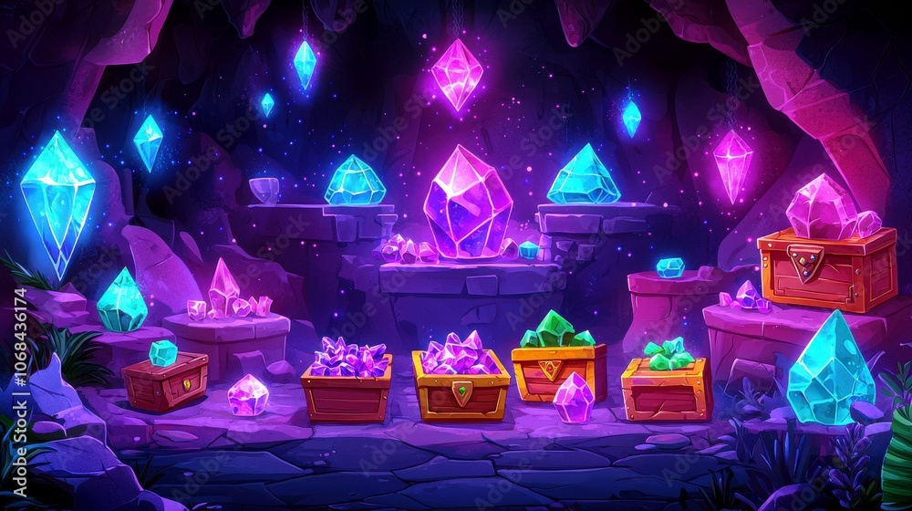 Mystical Cave with Glowing Crystals and Treasures Mystical Cave with Glowing Crystals and Treasures