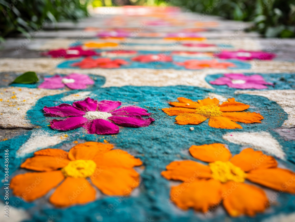Vibrant rangoli design made with colorful flower petals creates stunning pathway. vivid hues of orange, pink, and blue evoke joyful atmosphere Vibrant rangoli design made with colorful flower petals creates stunning pathway. vivid hues of orange, pink, and blue evoke joyful atmosphere