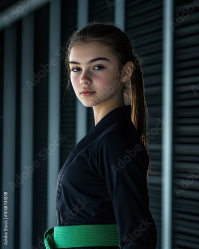 A young woman stands in front of a wall with a black and green outfit. She has a serious expression on her face