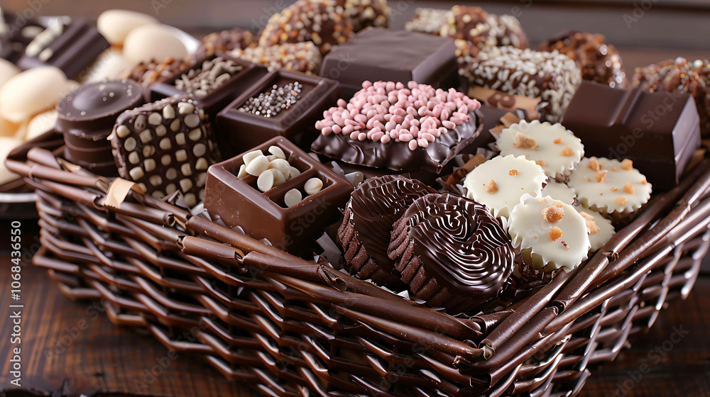 A close-up image of a wicker basket filled with an assortment of delicious chocolates. A close-up image of a wicker basket filled with an assortment of delicious chocolates.