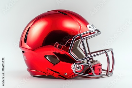 A red football helmet with a shiny finish. The helmet is made of metal and has a shiny red color photo