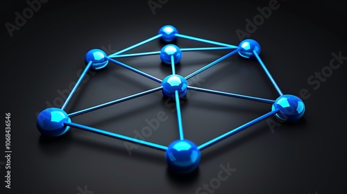 3D rendering illustration of a blue molecular structure on a black background. Orbs are connected by glowing blue lines.