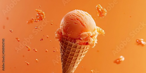 Aerial perspective of lively orange ice cream in a waffle cone, set against a bright orange background. This colorful scene captures the essence of summer indulgence.