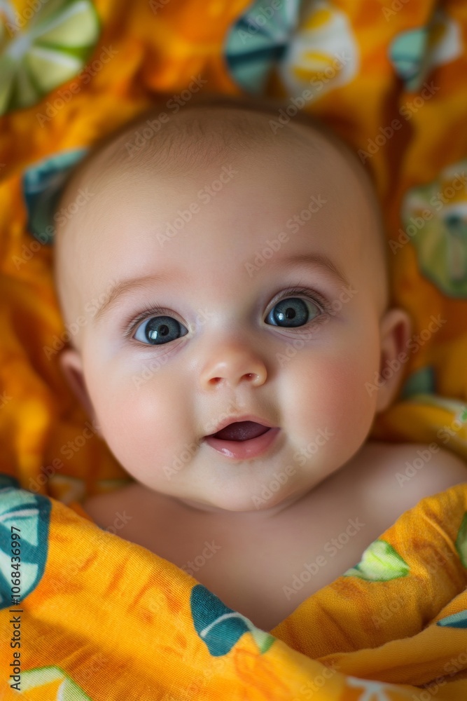 A cheerful baby with bright blue eyes smiles while nestled in a colorful blanket. The vibrant surroundings suggest a peaceful atmosphere, perfect for playtime A cheerful baby with bright blue eyes smiles while nestled in a colorful blanket. The vibrant surroundings suggest a peaceful atmosphere, perfect for playtime