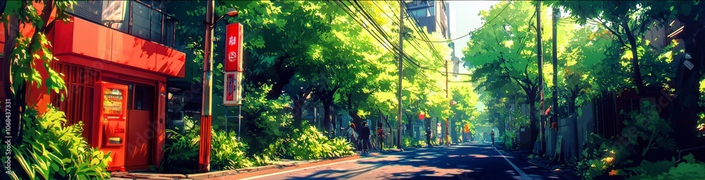 Fototapeta premium Tranquil Anime-Style Courtyard in Lush Surroundings