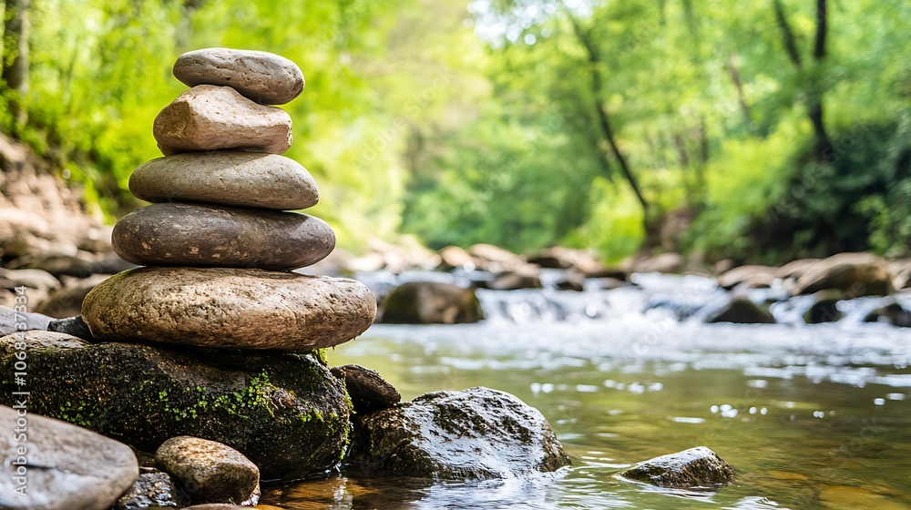 A stack of smooth stones in perfect equilibrium, with a background of tranquil water and green forest, capturing the essence of serenity and natural beauty A stack of smooth stones in perfect equilibrium, with a background of tranquil water and green forest, capturing the essence of serenity and natural beauty