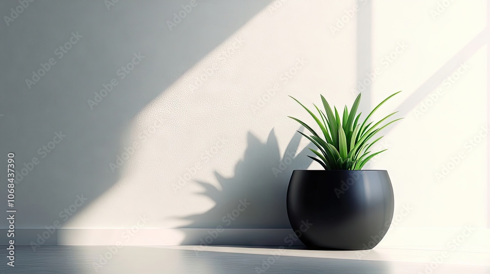 Black plant pot vase on a white wall, illuminated by abundant light, creates a fresh ambiance that enhances the beauty of the black plant pot vase. Ample light highlights the elegance. Black plant pot vase on a white wall, illuminated by abundant light, creates a fresh ambiance that enhances the beauty of the black plant pot vase. Ample light highlights the elegance.