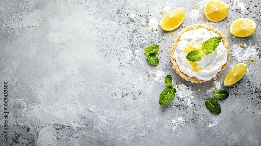 Overhead perspective of lemon meringue pie garnished with fresh mint leaves on a light grey stone background, creating a visually appealing composition with ample copy space. Overhead perspective of lemon meringue pie garnished with fresh mint leaves on a light grey stone background, creating a visually appealing composition with ample copy space.
