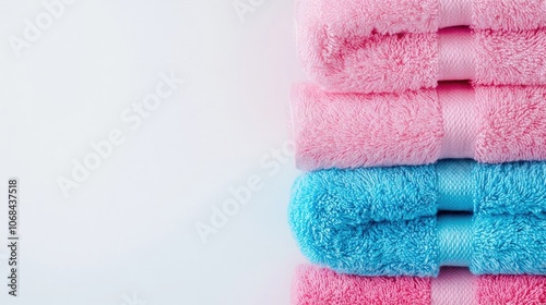 A vibrant stack of pink and blue towels arranged on a clean white background. This flat lay photo captures the essence of fresh towels, providing ample copy space for your design needs.