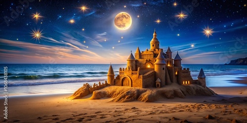 Stunning Night Photography of a Sand Castle by the Sea in Brittany with Moonlight Reflections and Starry Sky Creating a Magical Coastal Scene photo