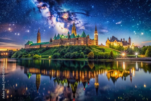 Stunning Night Photography of Parliament Hill Illuminated Against a Starry Sky, Showcasing Architectural Grandeur and Tranquil Reflections in the Water Below