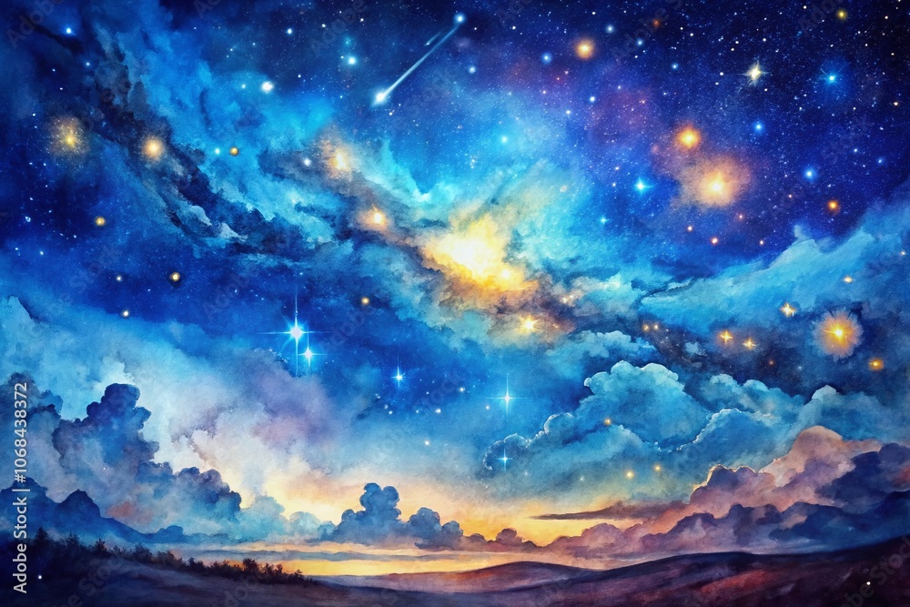 Stunning Night Sky Watercolor Print Featuring a Vibrant Blue Galaxy with Starry Patterns, Perfect for Astronomy Lovers and Home Decor Enthusiasts Stunning Night Sky Watercolor Print Featuring a Vibrant Blue Galaxy with Starry Patterns, Perfect for Astronomy Lovers and Home Decor Enthusiasts