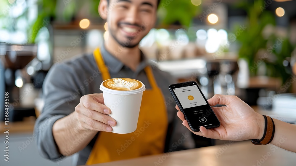 Smiling Asian barista handing over a hot coffee cup to a satisfied customer at a bright modern cafe setting with a QR code mobile payment sign displayed on the counter Smiling Asian barista handing over a hot coffee cup to a satisfied customer at a bright modern cafe setting with a QR code mobile payment sign displayed on the counter