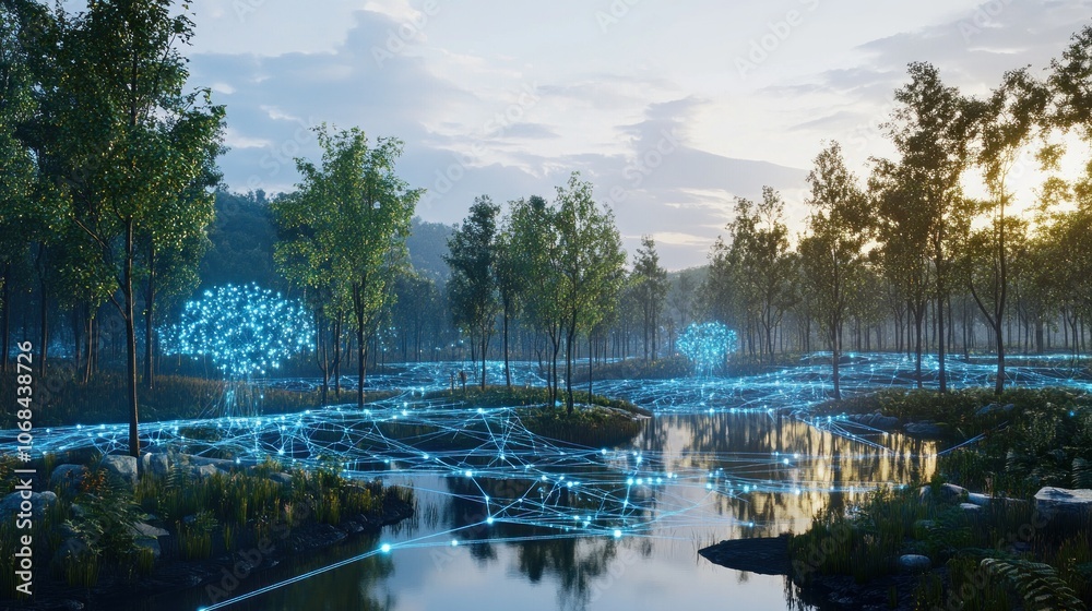 Obraz premium A tranquil forest scene with a river winding through it, with digital network connections emanating from the trees and reflecting in the water at sunrise.