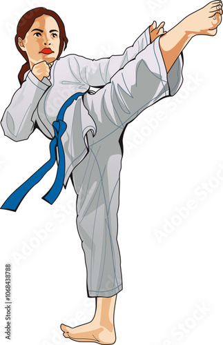 A girl karateka in a white kimono with a blue belt performs a Mawashi Geri kick during training.