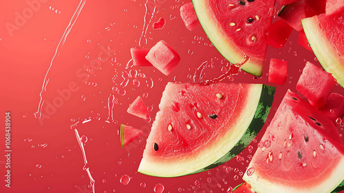 A close-up image of a watermelon cut into slices with water splashing around it. photo