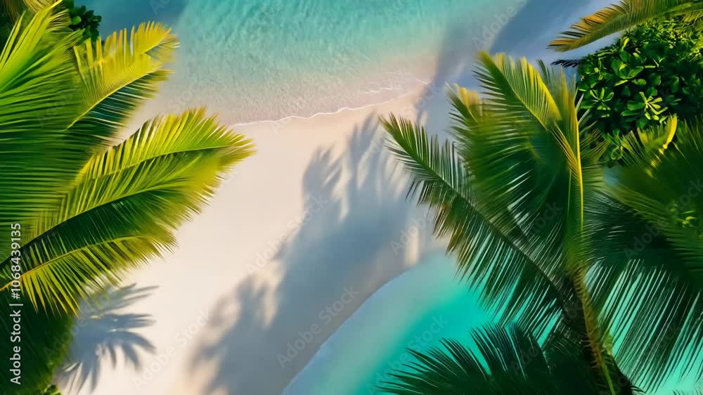 Palm trees frame a pristine beach and turquoise water on a sunny day