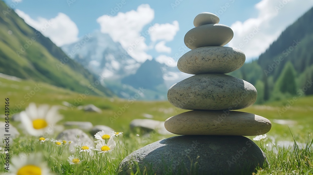 A tower of smooth stones balanced carefully on one another, with a serene nature background of gentle mountains and a clear blue sky. The stones shine softly in the natural light A tower of smooth stones balanced carefully on one another, with a serene nature background of gentle mountains and a clear blue sky. The stones shine softly in the natural light