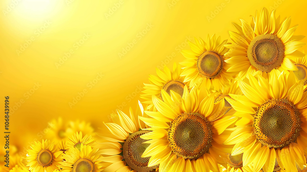 Fototapeta premium A field of sunflowers, with a bright yellow background. The sunflowers are in focus, and the background is blurred.