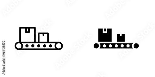 Conveyor belt icon set. outlined and solid filled versions.