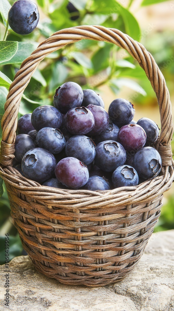 Fototapeta premium A woven basket filled with fresh blueberries, set against a natural backdrop.