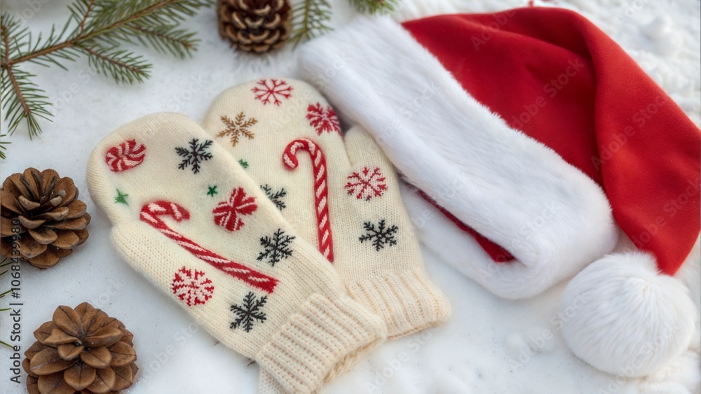 Fototapeta premium Christmas mittens with candy cane design and Santa hat in snow