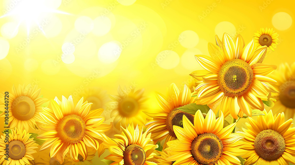 Obraz premium A field of sunflowers in full bloom. The bright yellow petals of the sunflowers are a feast for the eyes.