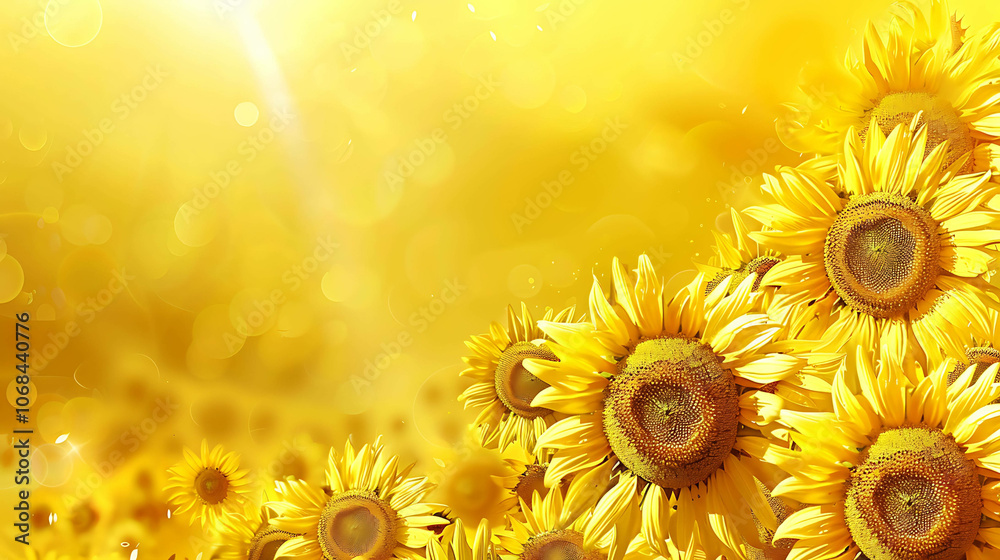 Fototapeta premium Bright yellow sunflowers in full bloom against a blurred background of sunshine and light.