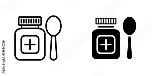 Syrup medicine bottle icon set. outlined and solid filled versions.