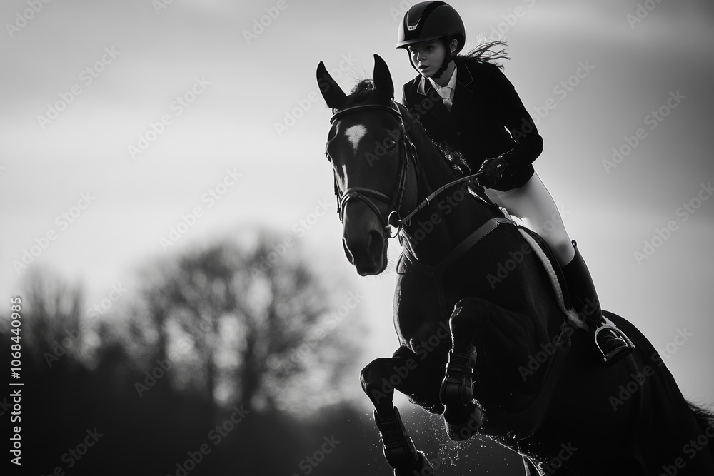 Fototapeta premium A rider in action with her horse, demonstrating elegance and speed in a breathtaking moment. The black and white capture highlights the intensity of the event. Generative AI