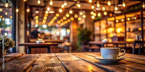 Cozy Wood Table in a Coffee Shop with Bokeh Background - Warm Ambiance for Relaxation and Creativity