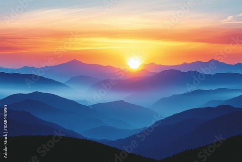 Serene Sunrise Over Blue Mountains: A Breathtaking Landscape of Layered Peaks Bathed in Warm Hues and Soft Mist, Capturing the Beauty of Nature at Dawn