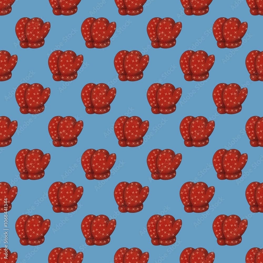Red Gloves Seamless Pattern Design with Blue Background Red Gloves Seamless Pattern Design with Blue Background
