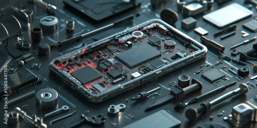 Fototapeta premium Circuitry and Precision Unite in Technology, Electronic Components Engaged in Harmony, The Silent Language of Digital Architecture.