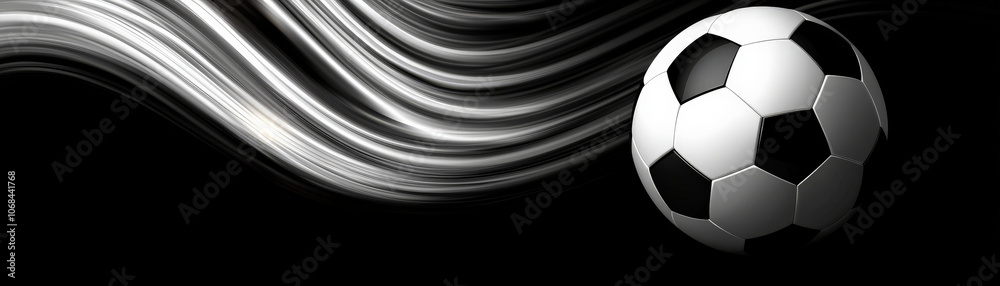 soccer ball in motion with dynamic diagonal lines creates energetic scene. black and white colors contrast against dark background, emphasizing sport excitement soccer ball in motion with dynamic diagonal lines creates energetic scene. black and white colors contrast against dark background, emphasizing sport excitement